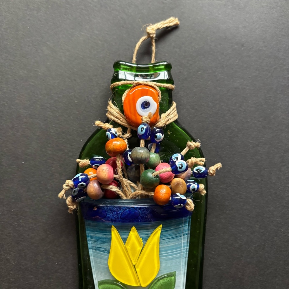 Handmade Turkish Blown Glass Evil Eye Art | Floral Wall Art Green Mosaic - Picture 4 of 7